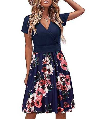 STYLEWORD Damen Sommerkleid Kurzarm V-Ausschnitt Kleider Blumenmuster Kleid Strandkleid Mit Taschen(floral01,klein) von STYLEWORD