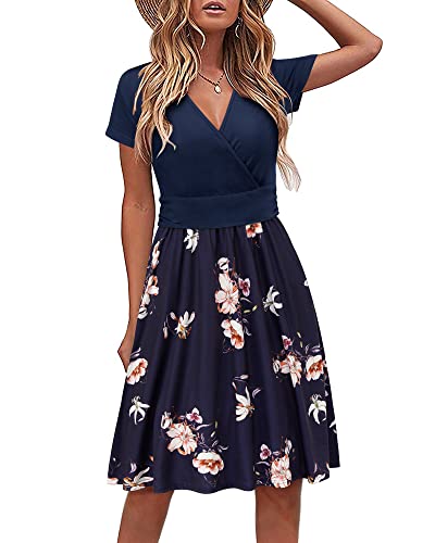 STYLEWORD Damen Sommerkleid Kurzarm V-Ausschnitt Kleider Blumenmuster Kleid Strandkleid Mit Taschen(floral05,X-Groß) von STYLEWORD