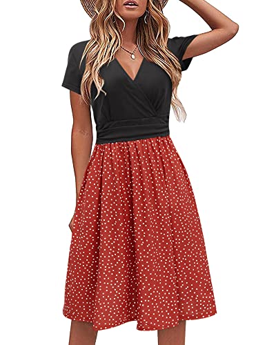 STYLEWORD Damen Sommerkleid Kurzarm V-Ausschnitt Kleider Blumenmuster Kleid Strandkleid Mit Taschen(floral10,Groß) von STYLEWORD