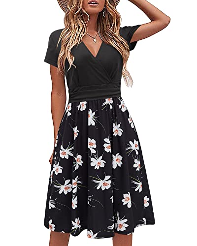 STYLEWORD Damen Sommerkleid Kurzarm V-Ausschnitt Kleider Blumenmuster Kleid Strandkleid Mit Taschen(floral11,Mittel) von STYLEWORD
