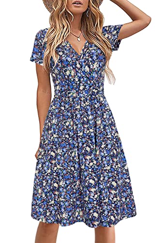 STYLEWORD Damen Sommerkleid Kurzarm V-Ausschnitt Kleider Blumenmuster Kleid Strandkleid Mit Taschen(Floral21,Mittel) von STYLEWORD