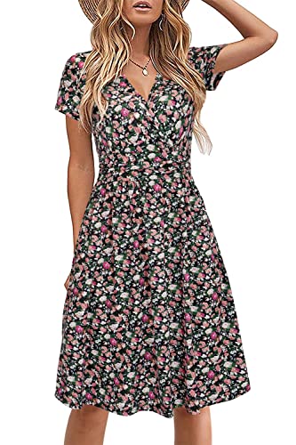 STYLEWORD Damen Sommerkleid Kurzarm V-Ausschnitt Kleider Blumenmuster Kleid Strandkleid Mit Taschen(Floral22,Mittel) von STYLEWORD