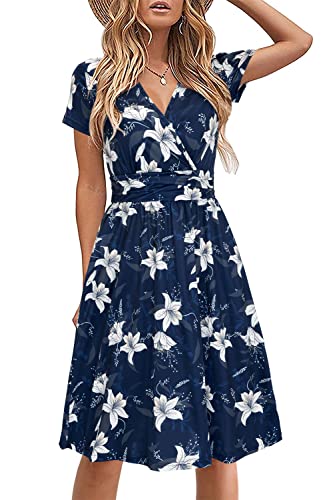 STYLEWORD Damen Sommerkleid Kurzarm V-Ausschnitt Kleider Blumenmuster Kleid Strandkleid Mit Taschen(Floral23,Groß) von STYLEWORD