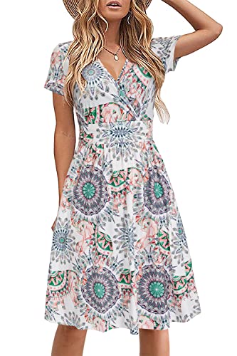 STYLEWORD Damen Sommerkleid Kurzarm V-Ausschnitt Kleider Blumenmuster Kleid Strandkleid Mit Taschen(Floral24,XX-Groß) von STYLEWORD