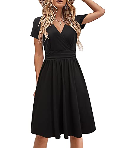 STYLEWORD Damen Sommerkleid Kurzarm V-Ausschnitt Kleider Blumenmuster Kleid Strandkleid Mit Taschen(Schwarz,klein) von STYLEWORD