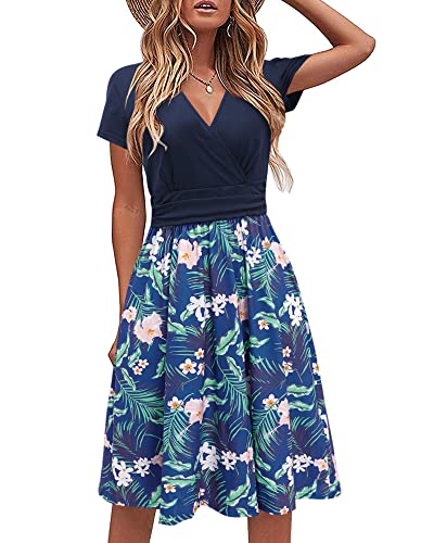 STYLEWORD Damen Sommerkleid Kurzarm V-Ausschnitt Kleider Blumenmuster Kleid Strandkleid Mit Taschen(floral09,Groß) von STYLEWORD