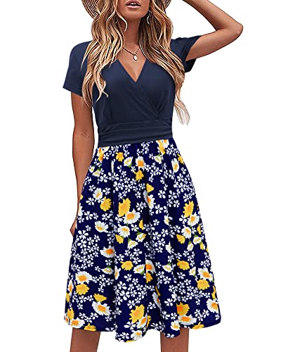 STYLEWORD Damen Sommerkleid Kurzarm V-Ausschnitt Kleider Blumenmuster Kleid Strandkleid Mit Taschen(floral13,Groß) von STYLEWORD