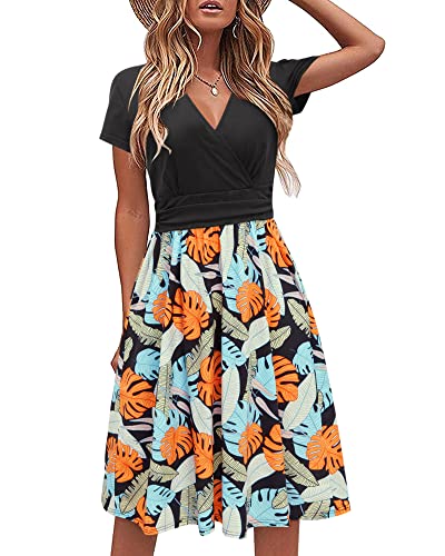 STYLEWORD Damen Sommerkleid Kurzarm V-Ausschnitt Kleider Blumenmuster Kleid Strandkleid Mit Taschen(floral14,X-Groß) von STYLEWORD