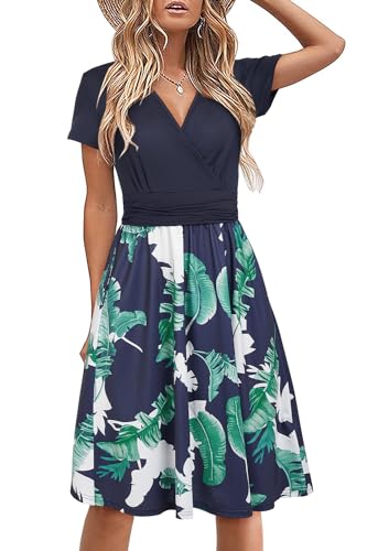 STYLEWORD Damen Sommerkleid Kurzarm V-Ausschnitt Kleider Blumenmuster Kleid Strandkleid Mit Taschen(Floral25,Groß) von STYLEWORD