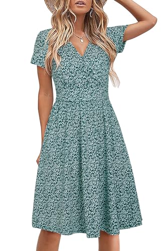 STYLEWORD Damen Sommerkleid Kurzarm V-Ausschnitt Kleider Blumenmuster Kleid Strandkleid Mit Taschen(Floral26,Mittel) von STYLEWORD