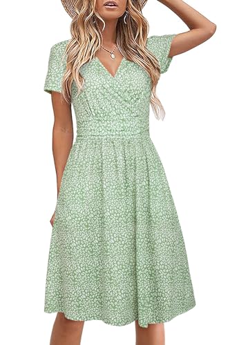 STYLEWORD Damen Sommerkleid Kurzarm V-Ausschnitt Kleider Blumenmuster Kleid Strandkleid Mit Taschen(Floral27,Groß) von STYLEWORD