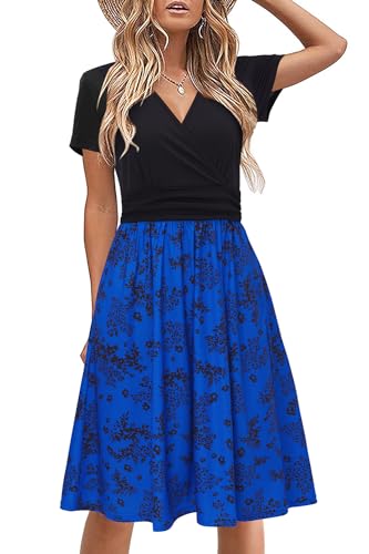 STYLEWORD Damen Sommerkleid Kurzarm V-Ausschnitt Kleider Blumenmuster Kleid Strandkleid Mit Taschen(Floral28,X-Groß) von STYLEWORD