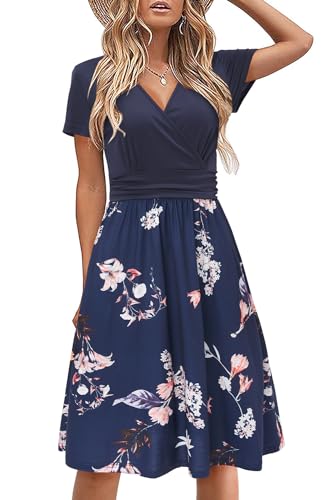 STYLEWORD Damen Sommerkleid Kurzarm V-Ausschnitt Kleider Blumenmuster Kleid Strandkleid Mit Taschen(Floral29,klein) von STYLEWORD