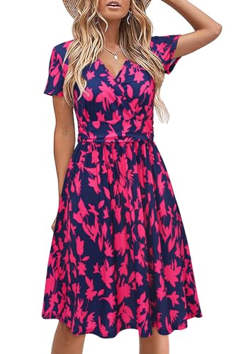 STYLEWORD Damen Sommerkleid Kurzarm V-Ausschnitt Kleider Blumenmuster Kleid Strandkleid Mit Taschen(Floral30-1097,klein) von STYLEWORD