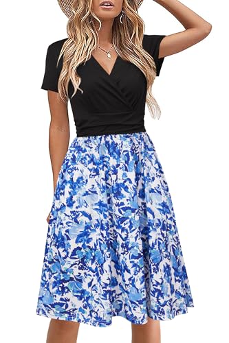 STYLEWORD Damen Sommerkleid Kurzarm V-Ausschnitt Kleider Blumenmuster Kleid Strandkleid Mit Taschen(Floral31,klein) von STYLEWORD