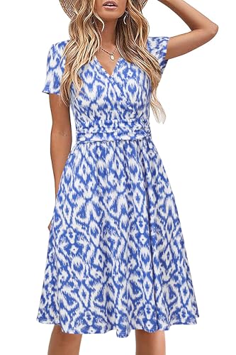 STYLEWORD Damen Sommerkleid Kurzarm V-Ausschnitt Kleider Blumenmuster Kleid Strandkleid Mit Taschen(Floral32-1097,Mittel) von STYLEWORD