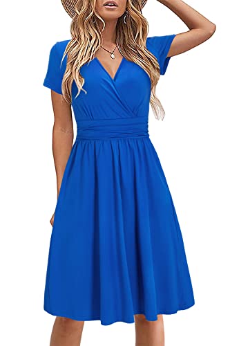 STYLEWORD Damen Sommerkleid Kurzarm V-Ausschnitt Kleider Einfarbig Kleid Strandkleid Mit Taschen(Blau,X-Groß) von STYLEWORD