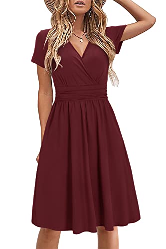 STYLEWORD Damen Sommerkleid Kurzarm V-Ausschnitt Kleider Einfarbig Kleid Strandkleid Mit Taschen(Dunkelrot,X-Groß) von STYLEWORD