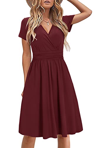 STYLEWORD Damen Sommerkleid Kurzarm V-Ausschnitt Kleider Einfarbig Kleid Strandkleid Mit Taschen(Dunkelrot,XX-Groß) von STYLEWORD
