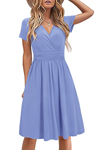 STYLEWORD Damen Sommerkleid Kurzarm V-Ausschnitt Kleider Einfarbig Kleid Strandkleid Mit Taschen(Light Purple,Mittel) von STYLEWORD