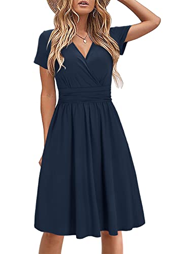 STYLEWORD Damen Sommerkleid Kurzarm V-Ausschnitt Kleider Einfarbig Kleid Strandkleid Mit Taschen(Marine,Mittel) von STYLEWORD