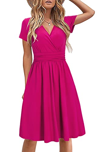 STYLEWORD Damen Sommerkleid Kurzarm V-Ausschnitt Kleider Einfarbig Kleid Strandkleid Mit Taschen(Rosa,Mittel) von STYLEWORD