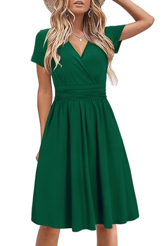 STYLEWORD Damen Sommerkleid Kurzarm V-Ausschnitt Kleider Einfarbig Kleid Strandkleid Mit Taschen(Grün,Groß) von STYLEWORD