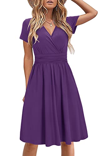 STYLEWORD Damen Sommerkleid Kurzarm V-Ausschnitt Kleider Einfarbig Kleid Strandkleid Mit Taschen(Violett,Mittel) von STYLEWORD