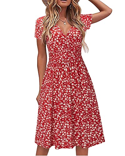 STYLEWORD Damen Sommerkleid Kurzarm V-Ausschnitt Kleider Blumenmuster Kleid Strandkleid Mit Taschen(floral19,Groß) von STYLEWORD