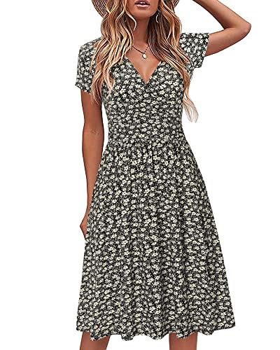 STYLEWORD Damen Sommerkleid Kurzarm V-Ausschnitt Kleider Blumenmuster Kleid Strandkleid Mit Taschen(floral20,Mittel) von STYLEWORD