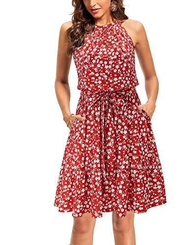 STYLEWORD Damen Sommerkleid Neckholder Blumenmuster Ärmelloses Strandkleid Rüschen Kleider Mit Taschen（Floral 08,Groß von STYLEWORD