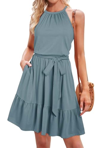 STYLEWORD Damen Sommerkleid Neckholder Einfarbig Ärmelloses Strandkleid Rüschen Kleider Mit Taschen（Grau Blau,XX-Groß von STYLEWORD