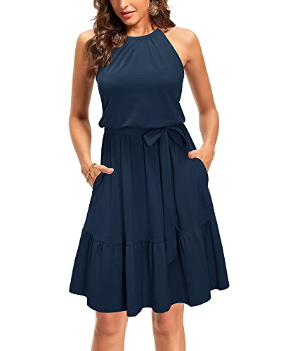 STYLEWORD Damen Sommerkleid Neckholder Einfarbig Ärmelloses Strandkleid Rüschen Kleider Mit Taschen（Marine,Klein von STYLEWORD
