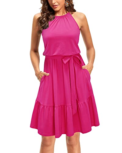 STYLEWORD Damen Sommerkleid Neckholder Einfarbig Ärmelloses Strandkleid Rüschen Kleider Mit Taschen（Rosenrot,X-Groß von STYLEWORD