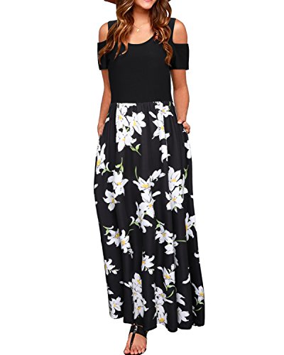 STYLEWORD Sommerkleid Damen Lang Maxikleid Sommer Elegant Freizeitkleid Kurzarm Kleider mit Taschen(Floral01,S) von STYLEWORD