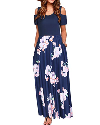 STYLEWORD Sommerkleid Damen Lang Maxikleid Sommer Elegant Freizeitkleid Kurzarm Kleider mit Taschen(Floral07,L) von STYLEWORD