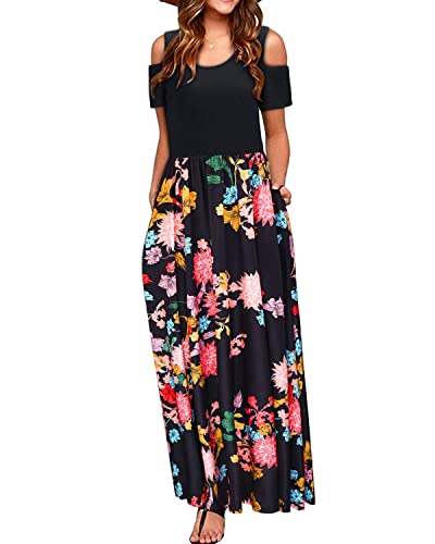 STYLEWORD Sommerkleid Damen Lang Maxikleid Sommer Elegant Freizeitkleid Kurzarm Kleider mit Taschen(Floral08,L) von STYLEWORD