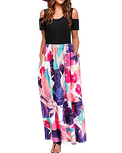 STYLEWORD Sommerkleid Damen Lang Maxikleid Sommer Elegant Freizeitkleid Kurzarm Kleider mit Taschen(Floral21,M) von STYLEWORD