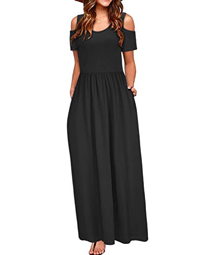 STYLEWORD Sommerkleid Damen Lang Maxikleid Sommer Schwarz Elegant Freizeitkleid Kurzarm Kleider mit Taschen von STYLEWORD