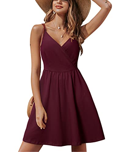 STYLEWORD Sommerkleid Damen Knielang V-Ausschnitt A Linie Dunkelrot Kleider Sommer Strandkleid Freizeitkleid mit Taschen von STYLEWORD