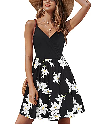 STYLEWORD Sommerkleid Damen Knielang V-Ausschnitt A Linie Kleider Sommer Sexy Spaghettiträger Strandkleid mit Taschen von STYLEWORD