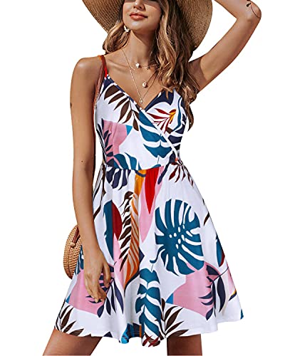 STYLEWORD Damen V-Ausschnitt Floral Spaghettiträger Sommer Casual Swing Kleid mit Tasche - - X-Groß von STYLEWORD