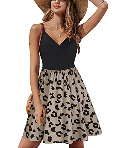 STYLEWORD Sommerkleid Damen Knielang V-Ausschnitt A Linie Kleider Sommer Sexy Spaghettiträger Strandkleid mit Taschen von STYLEWORD