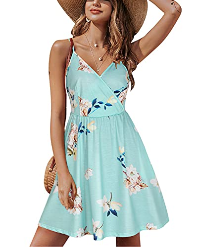 STYLEWORD Damen V-Ausschnitt Ärmellos Blumen Sommerkleid Swing Kleid Verstellbaren Spagettiträgern Trägerkleid Midikleid Strandkleid mit Taschen von STYLEWORD