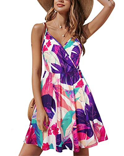 STYLEWORD Damen V-Ausschnitt Ärmellos Blumen Sommerkleid Swing Kleid Verstellbaren Spagettiträgern Trägerkleid Midikleid Strandkleid mit Taschen von STYLEWORD