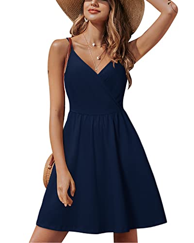 STYLEWORD Sommerkleid Damen Knielang V-Ausschnitt A Linie Marine Kleider Sommer Strandkleid Freizeitkleid mit Taschen von STYLEWORD