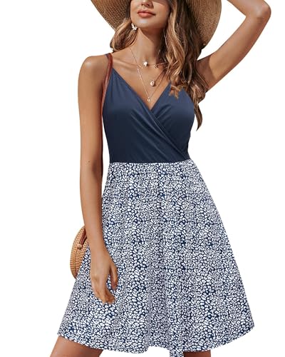 STYLEWORD Damen V-Ausschnitt Blumen Sommerkleid Swing Kleid Spagettiträgern Trägerkleid Strandkleid mit Taschen von STYLEWORD