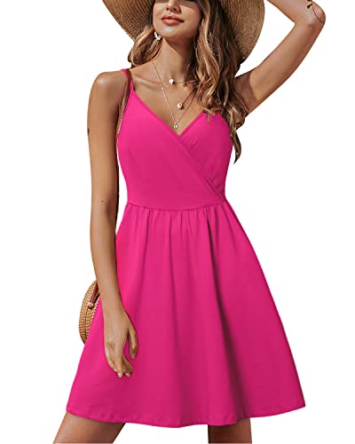 STYLEWORD Sommerkleid Damen Knielang V-Ausschnitt A Linie Rose Kleider Sommer Strandkleid Freizeitkleid mit Taschen von STYLEWORD