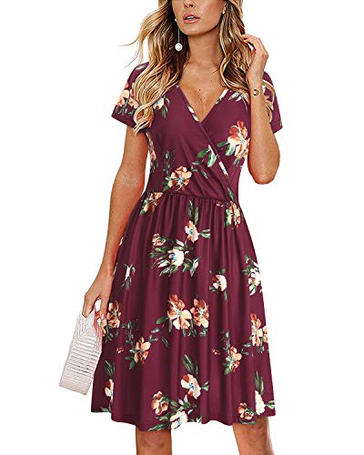 STYLEWORD Sommerkleid Damen Knielang Kleid Sommer Midikleid Kurzarm V Ausschnitt Blumenkleid Wickelkleid von STYLEWORD