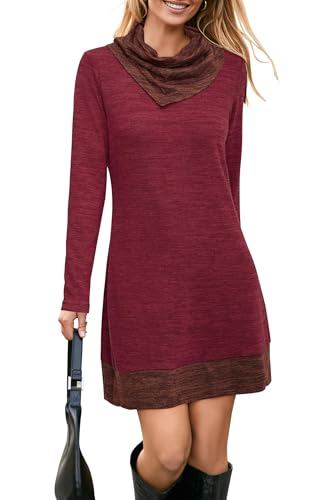 STYLEWORD Strickkleid Damen Herbstkleid Langarm Pulloverkleid Warm Winterkleid Tunika Kleid für Herbst Winter(Rotwein,XXL) von STYLEWORD